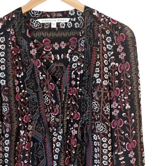 VERONICA BEARD Lowell Blouse Floral Paisley Black Brown Sheer Top Long Sleeves 4 - Picture 5 of 10